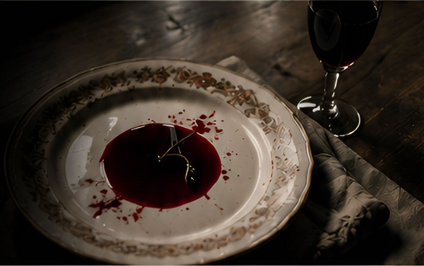Dark red liquid on a vintage dinner plate beside a glass of wine